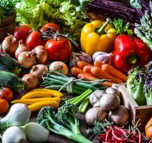 Vegetables of all colours on a pan